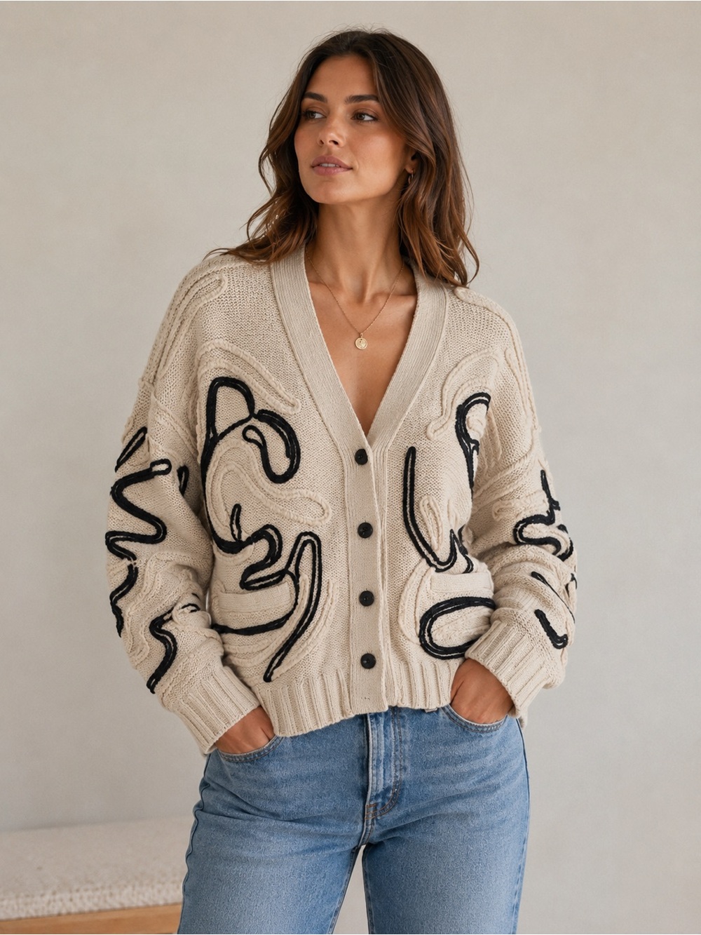 Pilcro Cream Knit Cardigan with Black Abstract Stitching